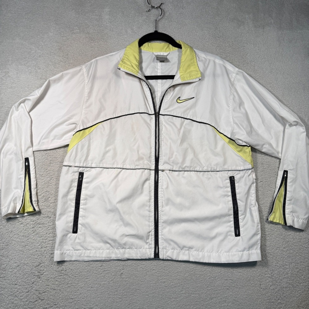 Vintage Y2K Nike Windbreaker Jacket Womens L White Neon Yellow Spellout‎ Swoosh